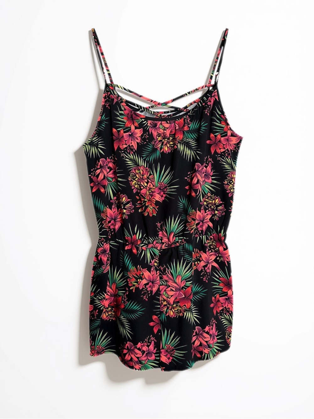 Arizona Jean Company Black Tropical Floral Cami Romper